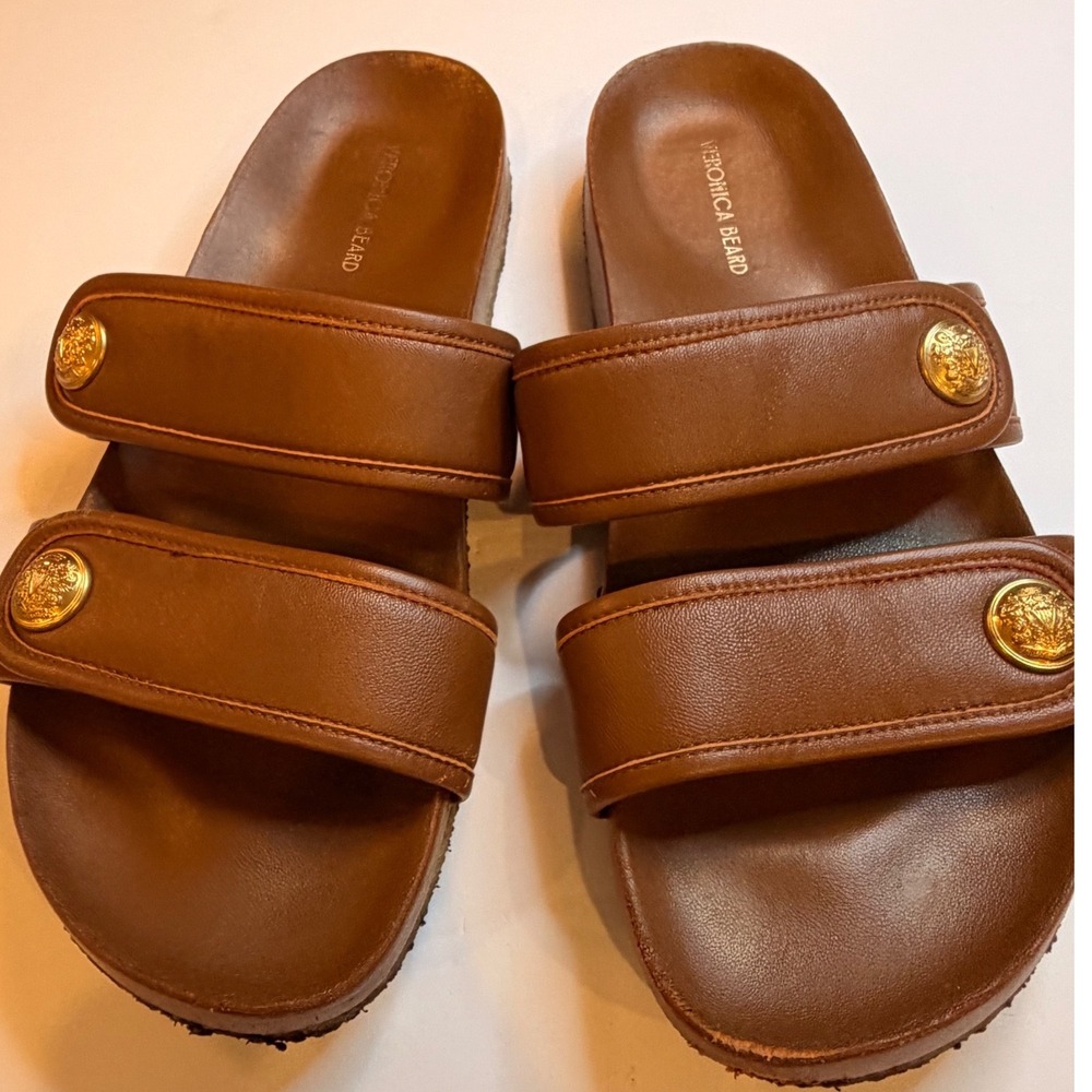 Veronica Beard Percey Slide Sandal Brown Leather Gold Crest Button Women 10M